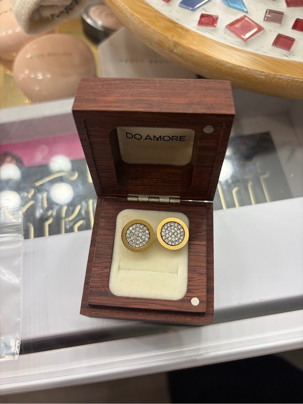 Gold Tone Crystal Round Cufflinks